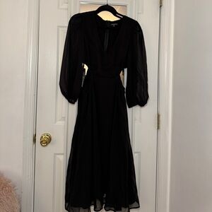 Area Stars Black Sheer Sleeve V Neck Midi Dress NWT